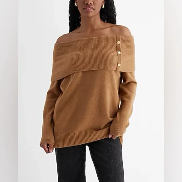 NWT Express Novelty Button Oversized Off Shoulder Sweater M Pecan